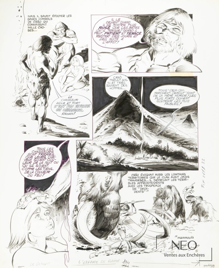 Planche originale de Rahan avec plusieurs cases en noir et blanc et lettrage visible