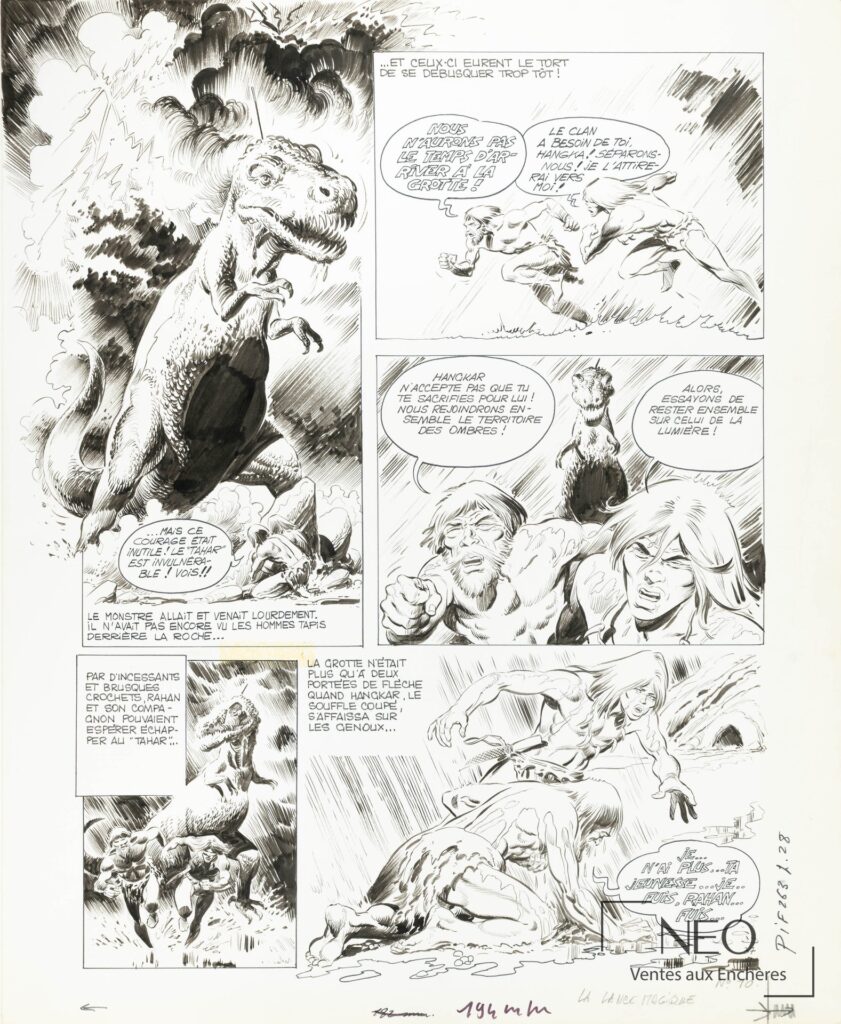 Planche de bande dessinée Rahan en noir et blanc avec plusieurs cases et dialogues