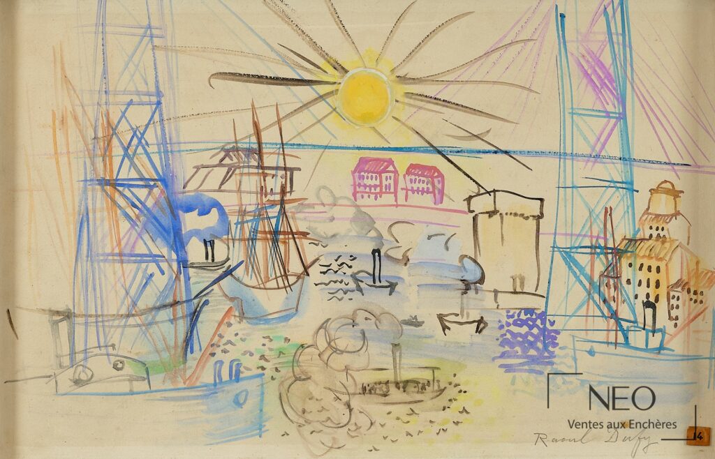 Aquarelle colorée de Marseille avec le pont transbordeur