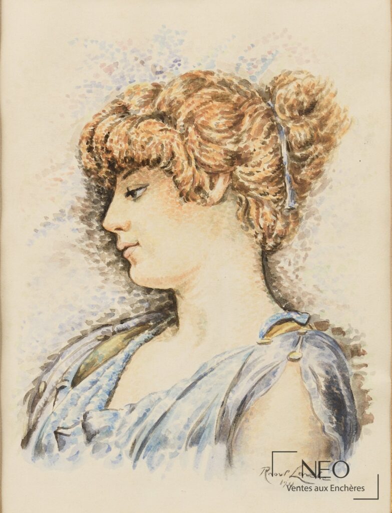 Aquarelle représentant le profil d'une femme aux cheveux relevés et à la tunique bleue