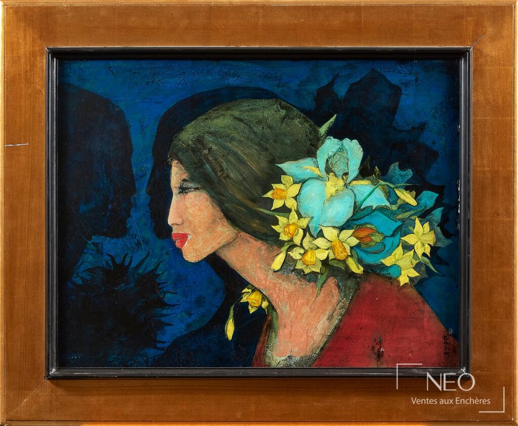 Peinture de Raymond Biaussat représentant un profil féminin fleuri