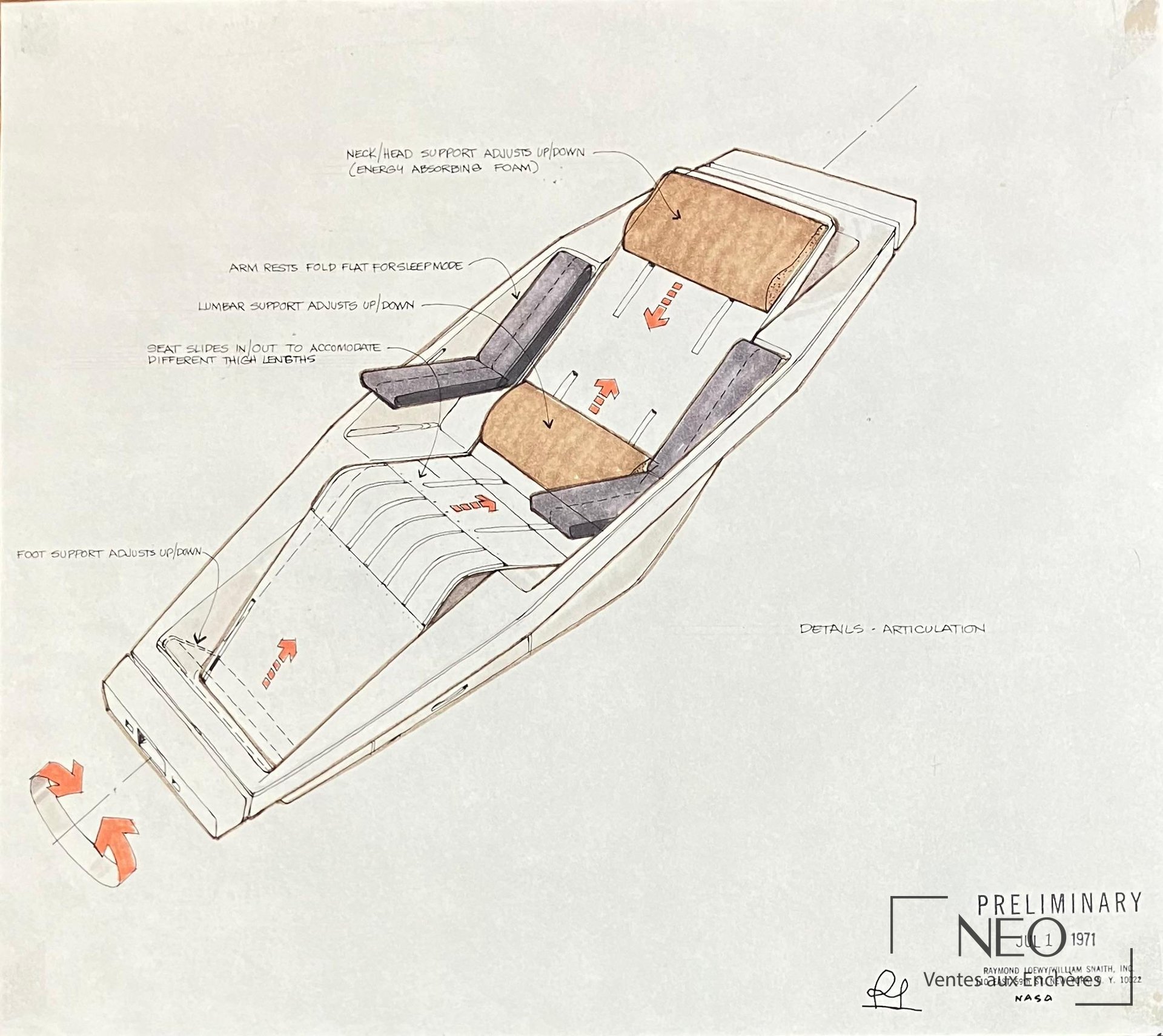 Dessin de fauteuil pour la N.A.S.A. par Raymond Loewy
