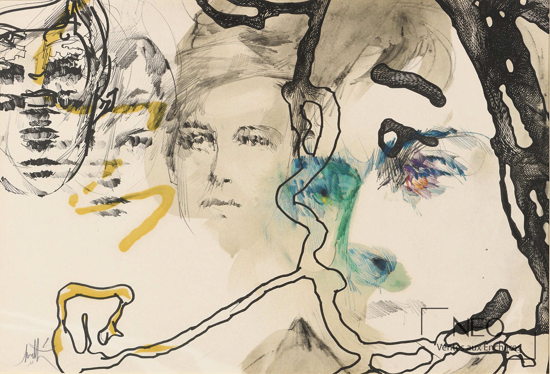 Composition lithographiée aux visages esquissés et aux traits noirs