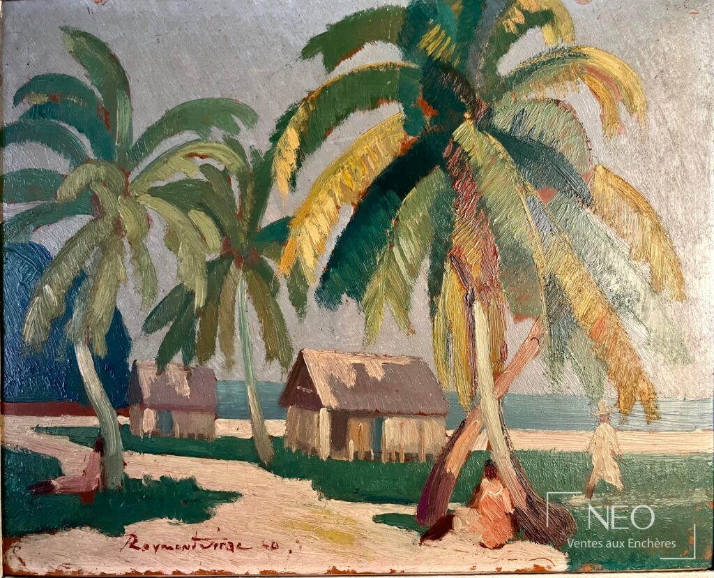 Tableau de Raymond Virac représentant des palmiers et des cases au bord de mer