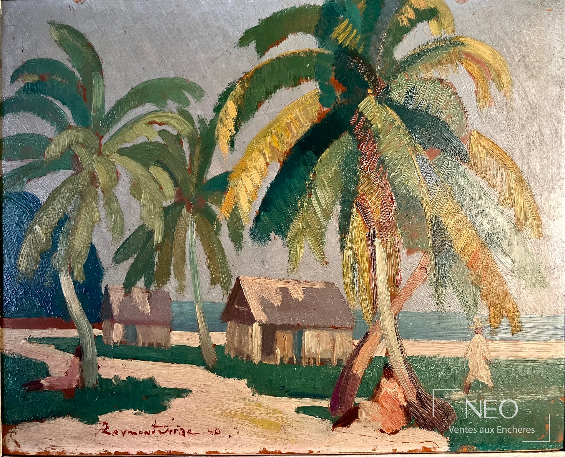 Tableau de Raymond Virac représentant des palmiers et des cases au bord de mer