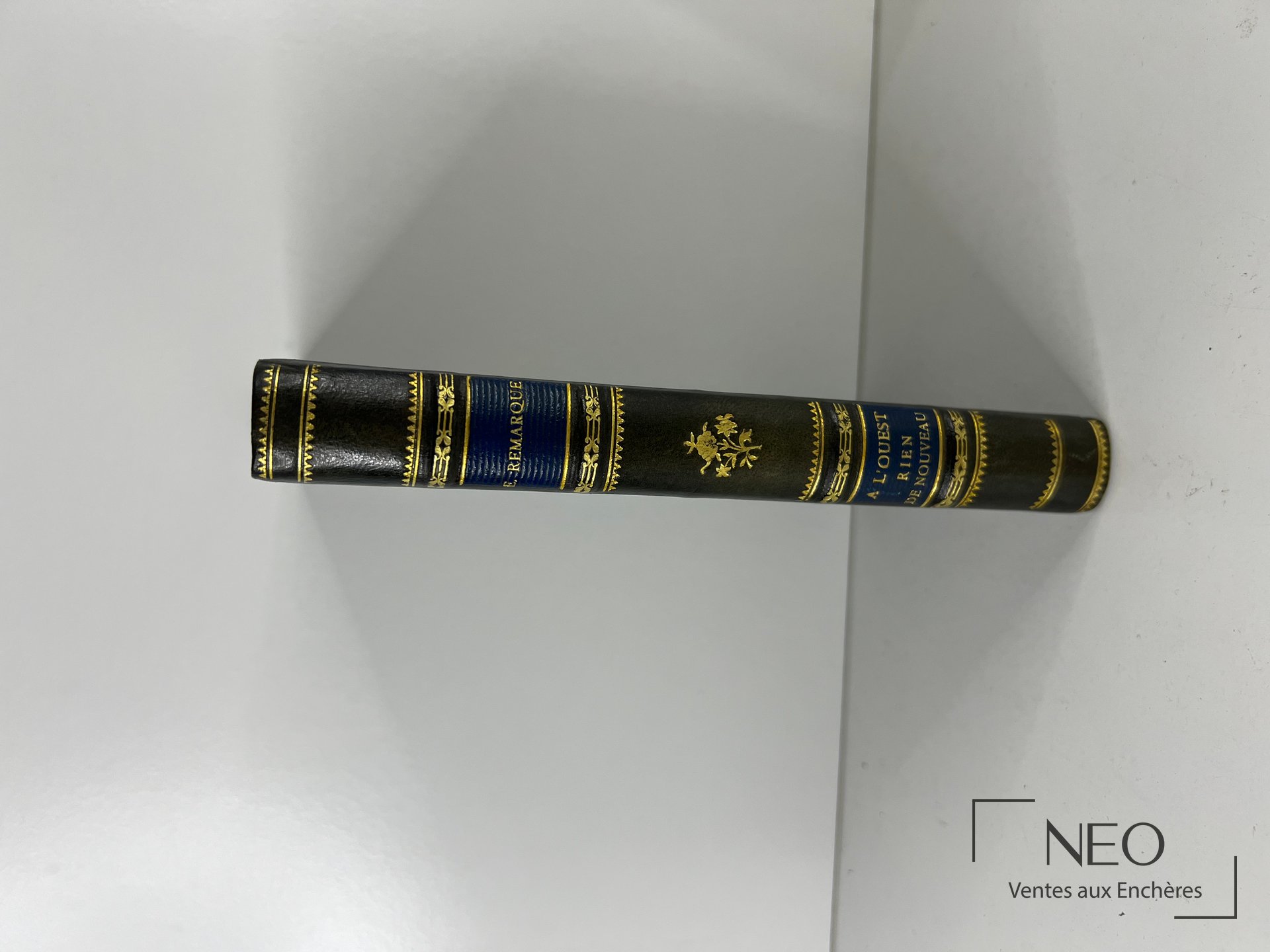Dos de reliure noire et bleue dorée portant le titre A l'ouest rien de nouveau.