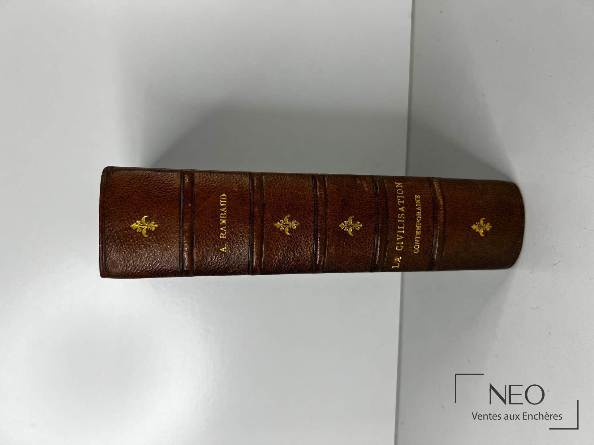 Dos en cuir brun avec titre doré et nom Rembaud