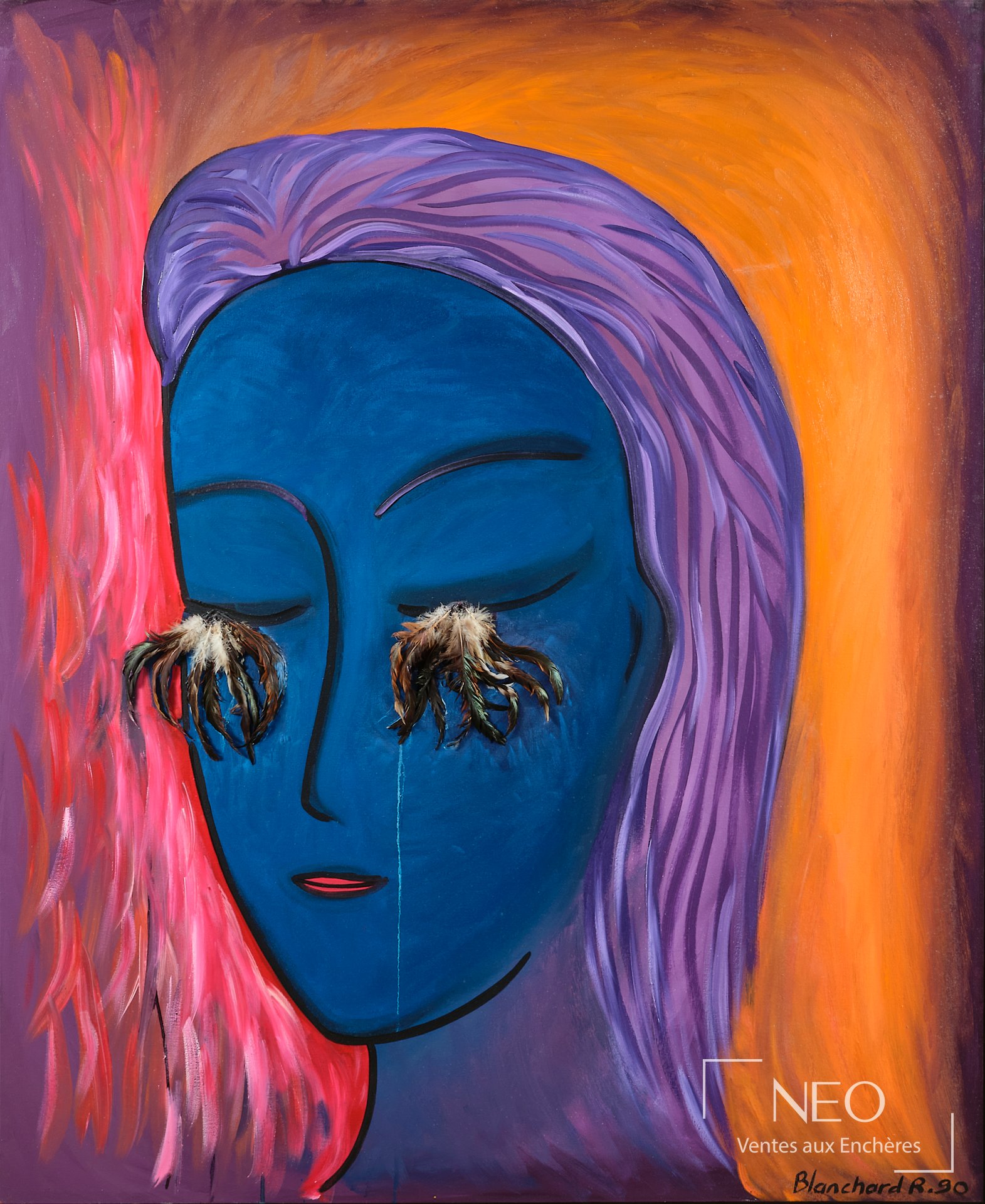 Toile de Rémi Blanchard représentant un visage bleu aux yeux en plumes sur fond orange et rose