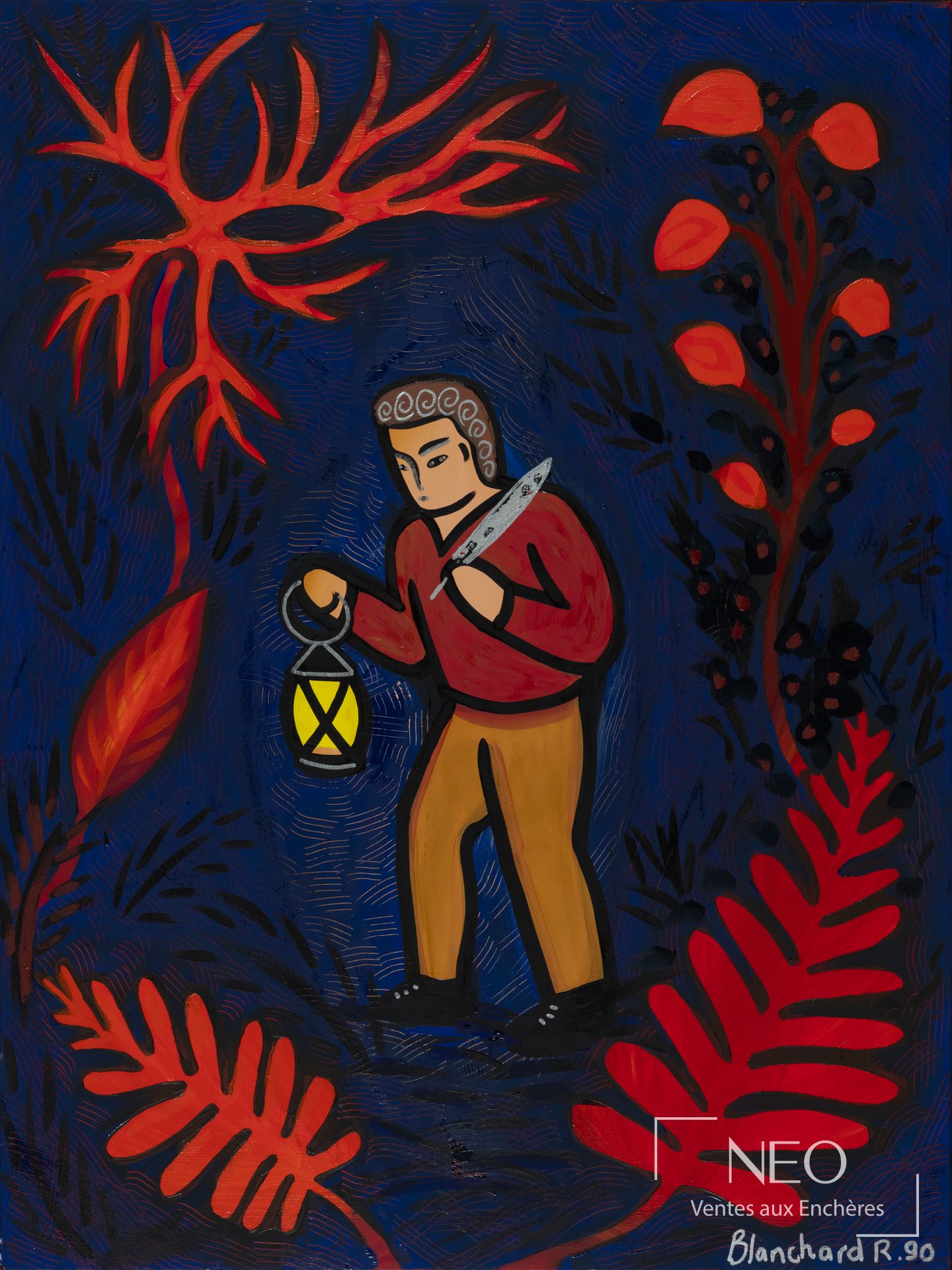 Acrylique sur toile de Rémi Blanchard montrant une figure dans une forêt stylisée aux couleurs vives