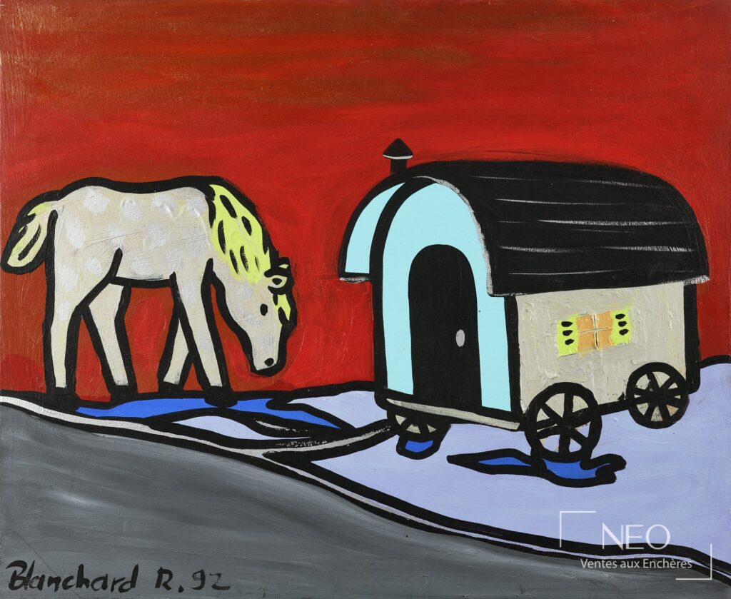 Tableau de Rémi Blanchard représentant un cheval et une roulotte sur fond rouge