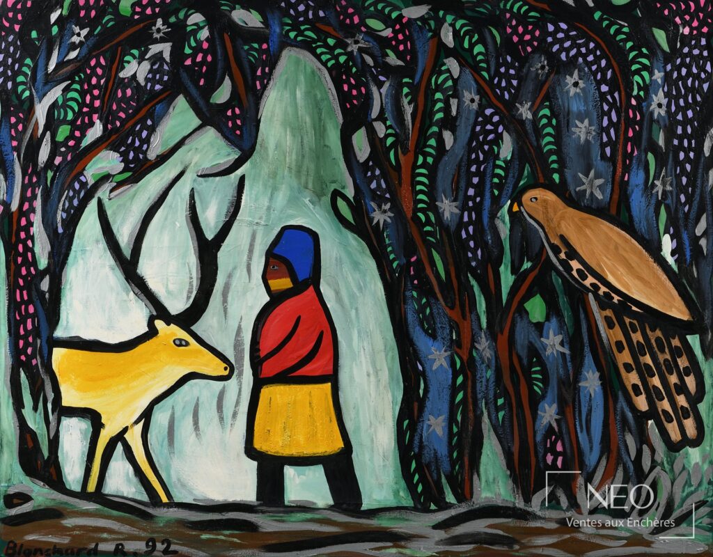 Peinture de Rémi Blanchard montrant une forêt stylisée avec cerf