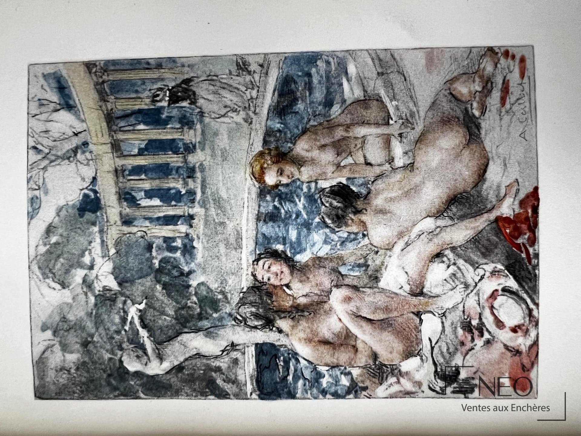 Illustration en couleurs d'une scène de nu dans un parc