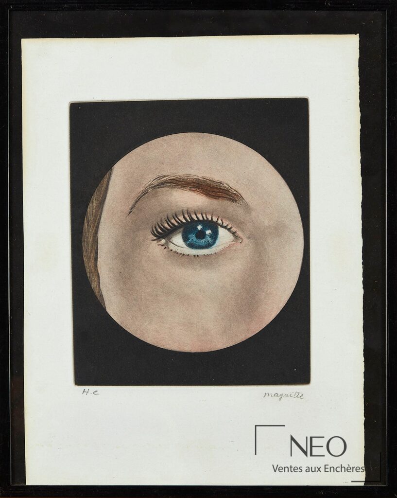 Eau-forte en couleurs de René Magritte représentant un œil dans un cercle sur fond noir