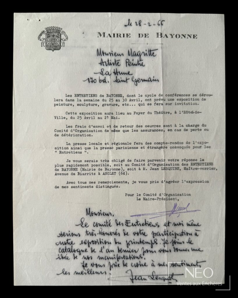 Lettre dactylographiée avec apostille autographe adressée à René Magritte