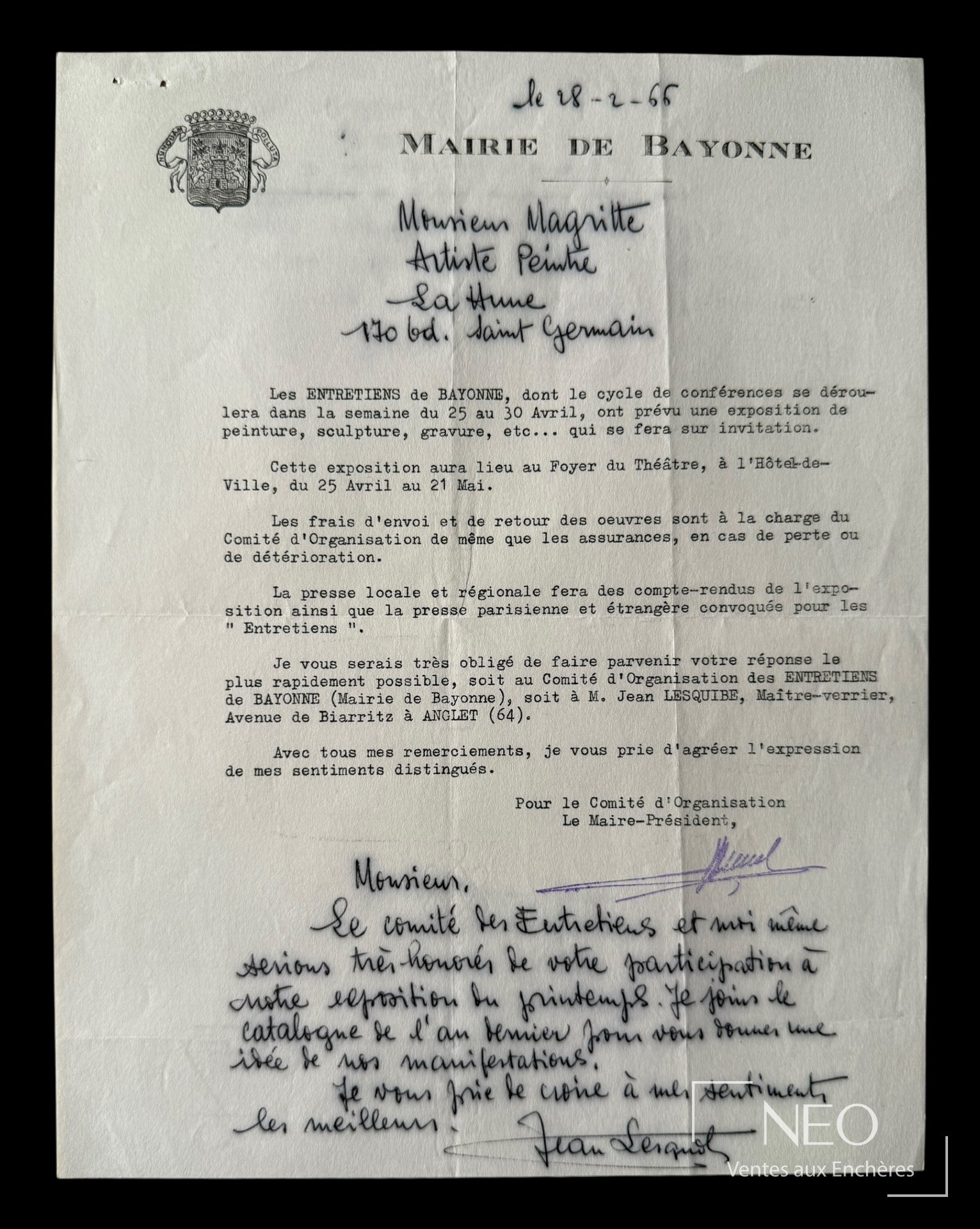 Lettre dactylographiée avec apostille autographe adressée à René Magritte