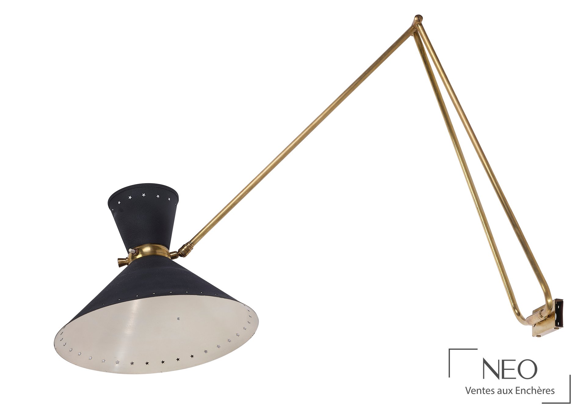 Suspension Diabolo de René Matthieu en métal doré avec abat-jour laqué noir et blanc