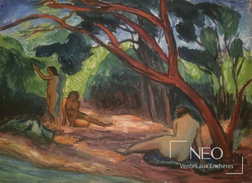 Peinture de baigneuses de René Seyssaud aux tonalités vertes et rouges