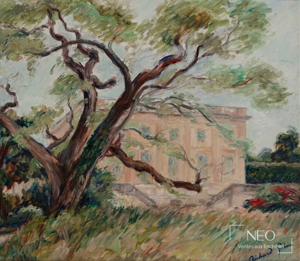 Peinture de Richard Guino représentant un bâtiment vu à travers des arbres