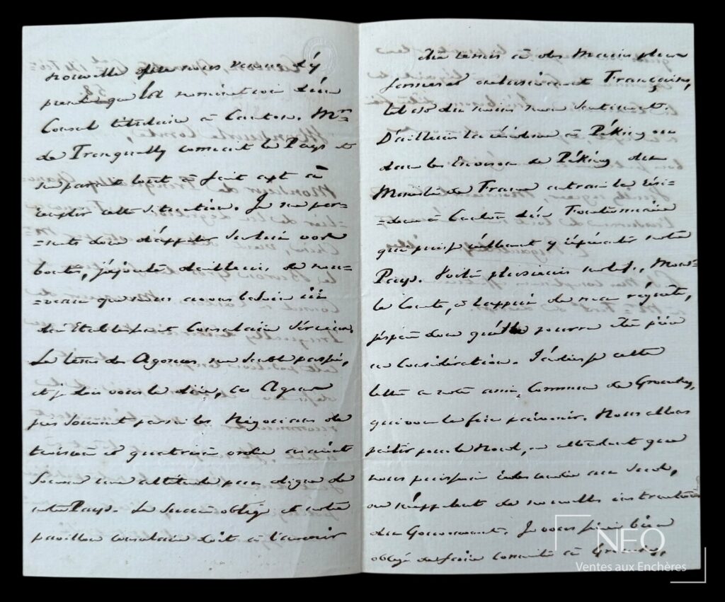 Lettre autographe signée de Rigault de Genouilly ouverte sur deux pages manuscrites.
