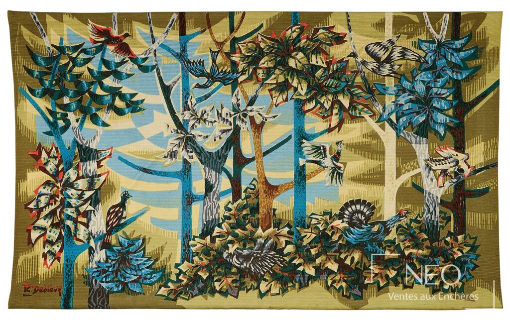 Tapisserie de Robert Debiève représentant une forêt stylisée aux tons polychromes