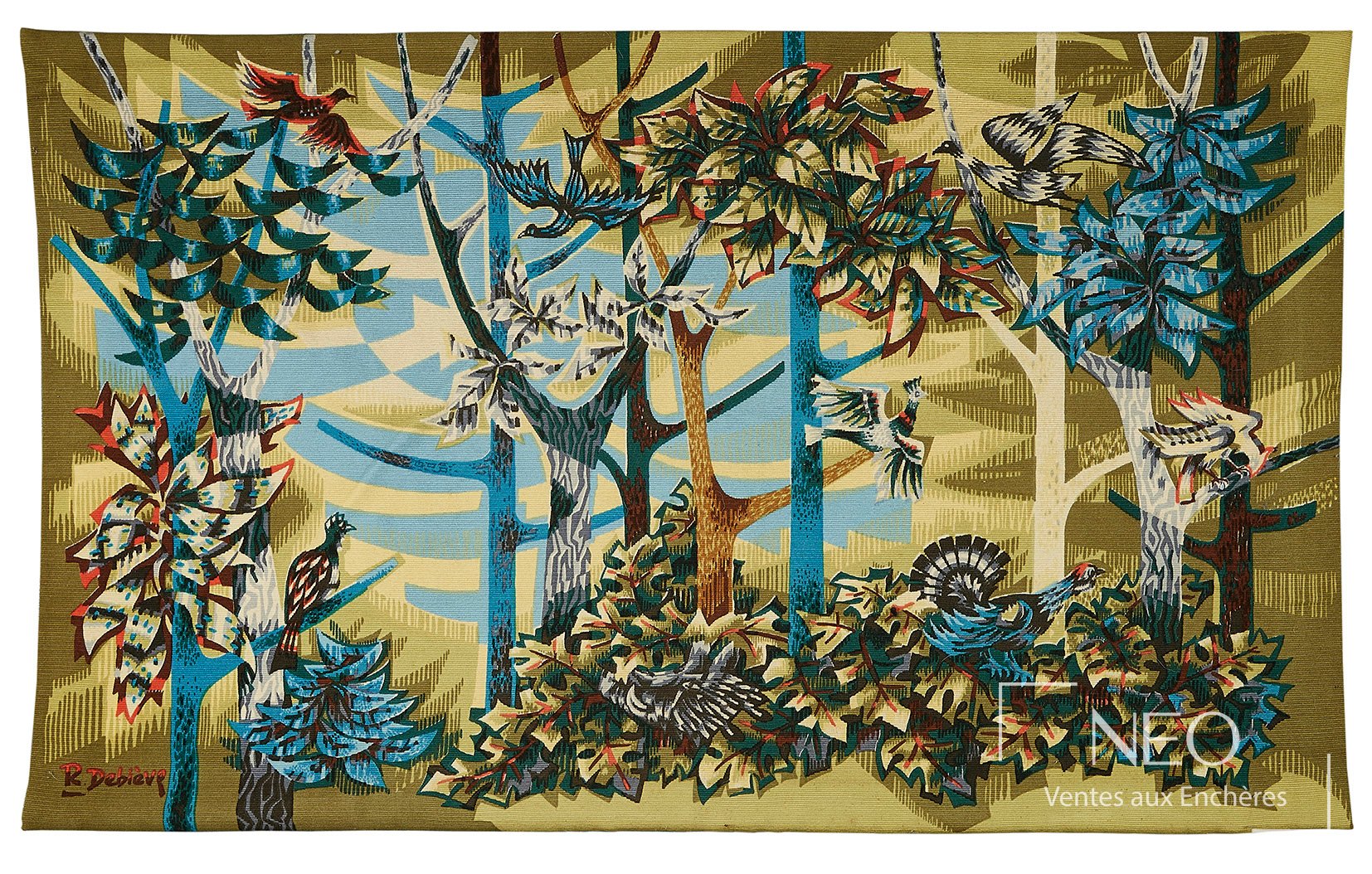 Tapisserie de Robert Debiève représentant une forêt stylisée aux tons polychromes