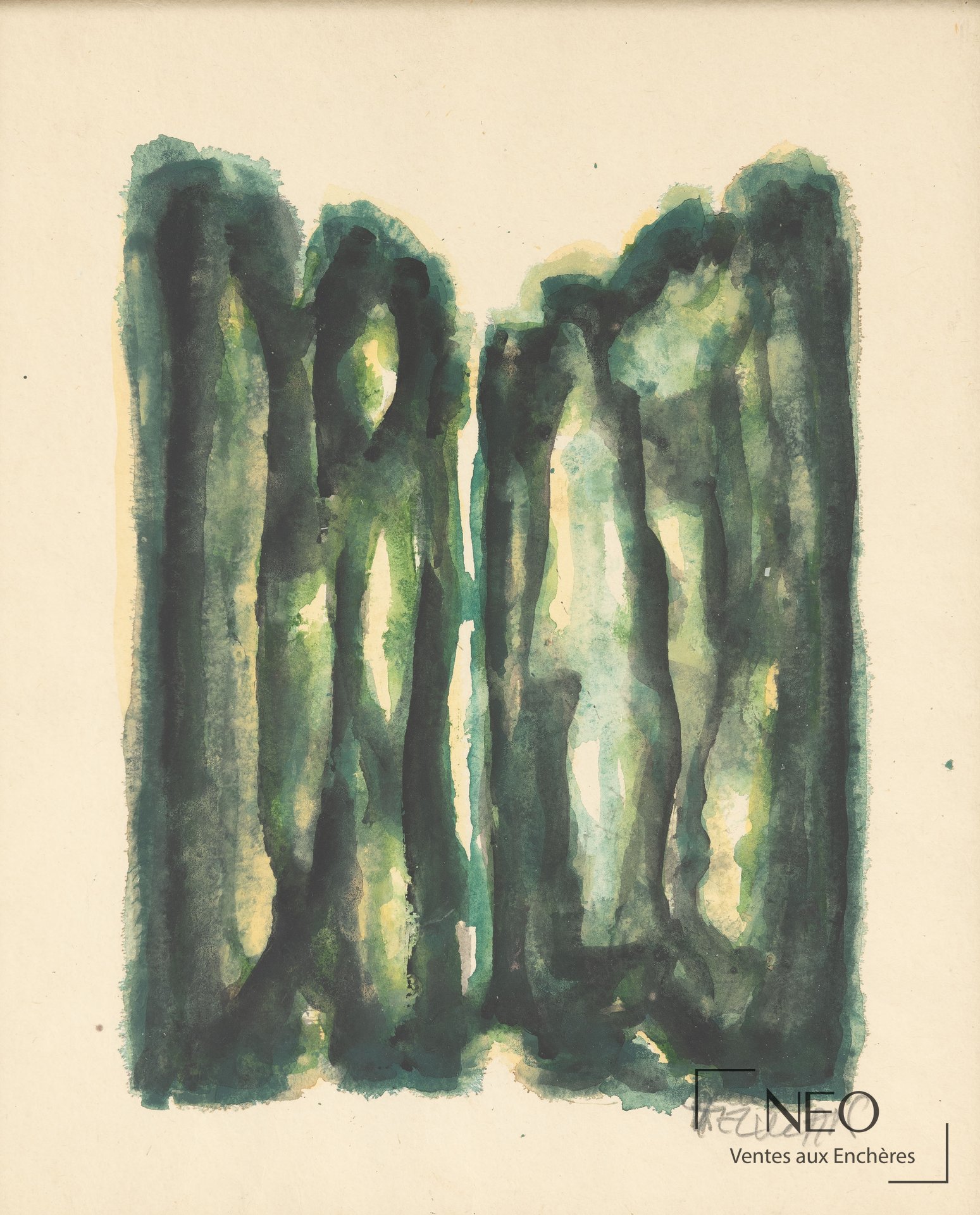 Gouache abstraite vert et noir de Robert Helman sur papier