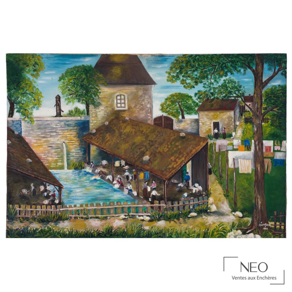 Huile sur toile représentant un lavoir animé