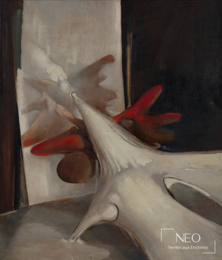 Huile sur toile abstraite aux formes claires et rouges sur fond sombre