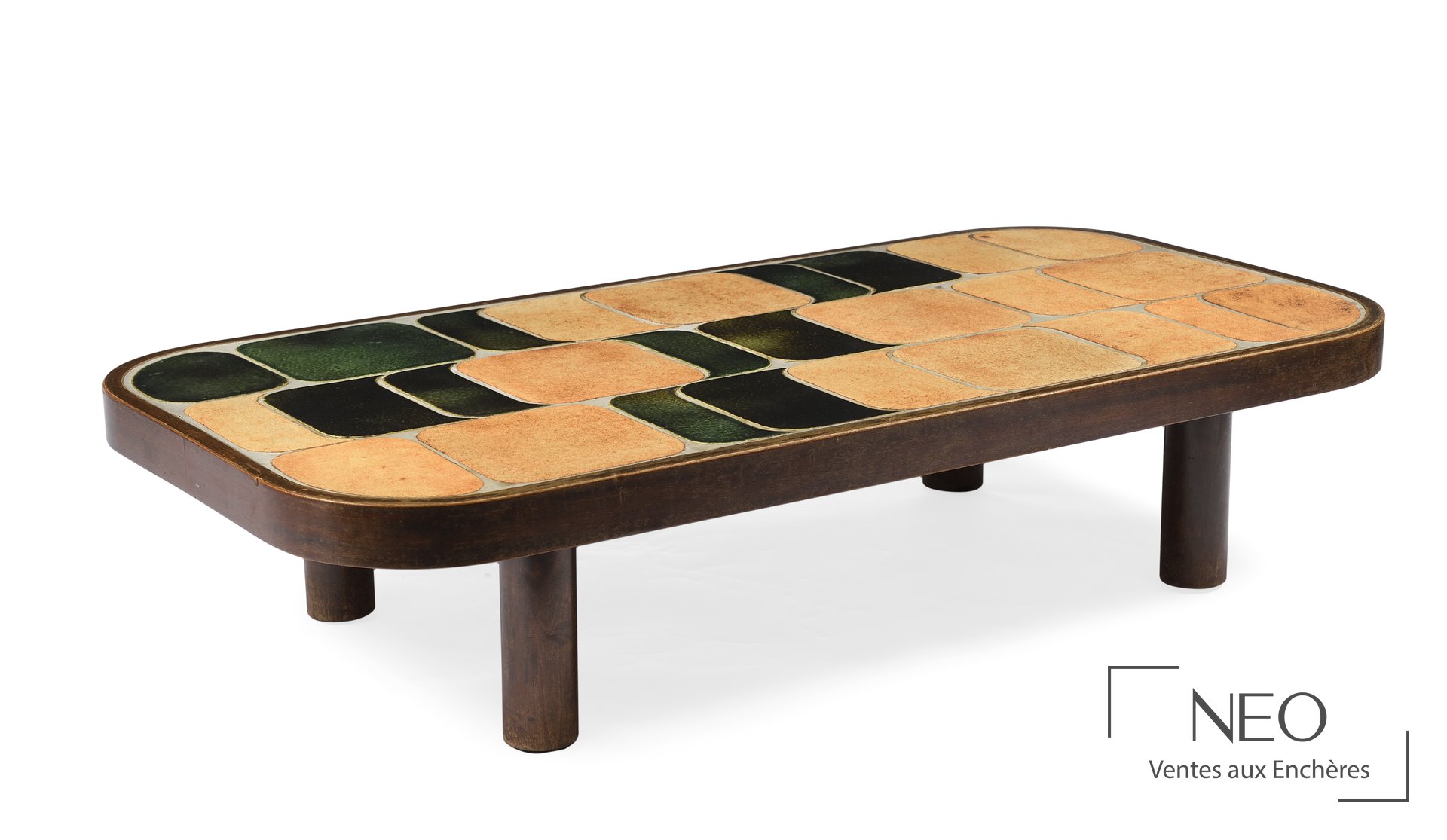 Table basse Roger Capron modèle Ginkgo en bois avec plateau en carreaux de céramique