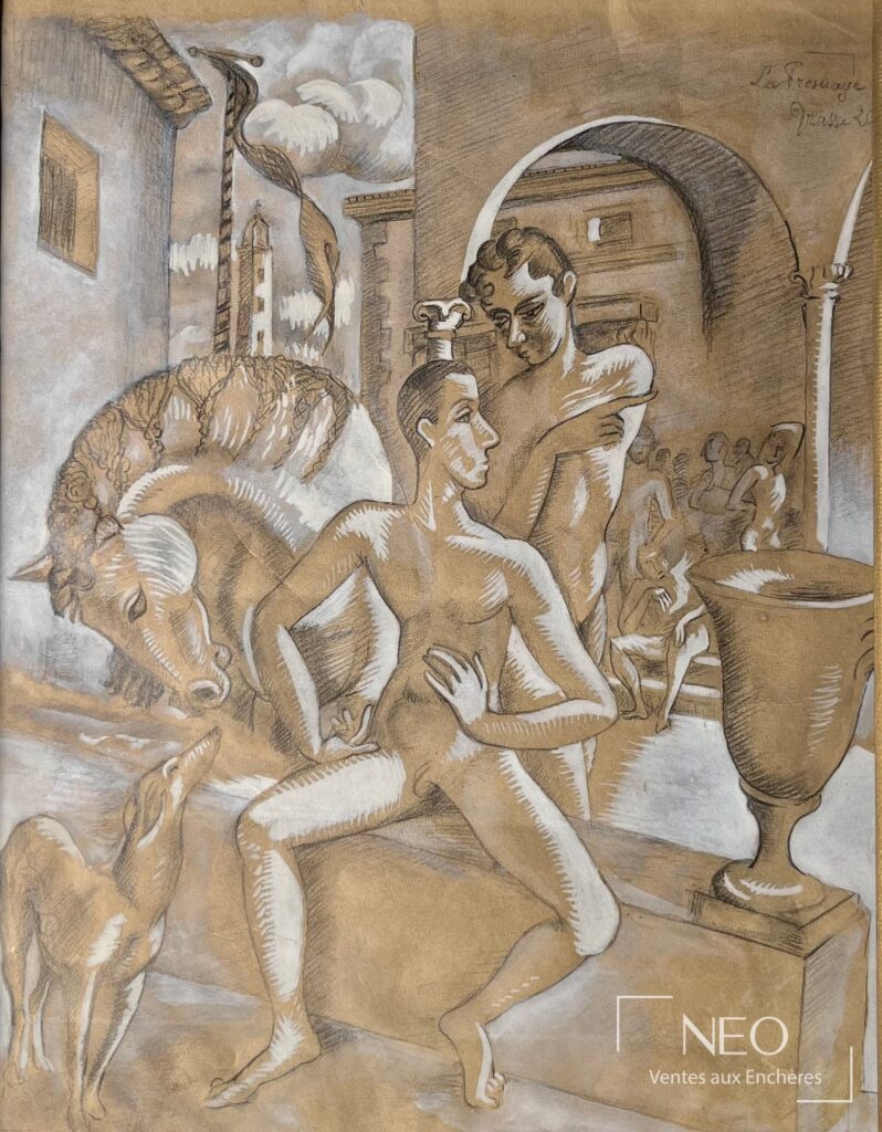 Dessin de Roger de la Fresnaye représentant plusieurs figures et un cheval dans un décor architectural