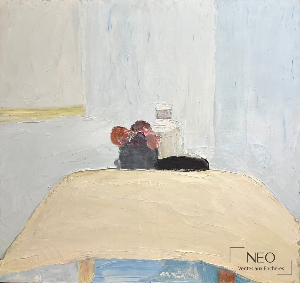 Huile sur toile montrant une composition aux objets noirs sur fond clair