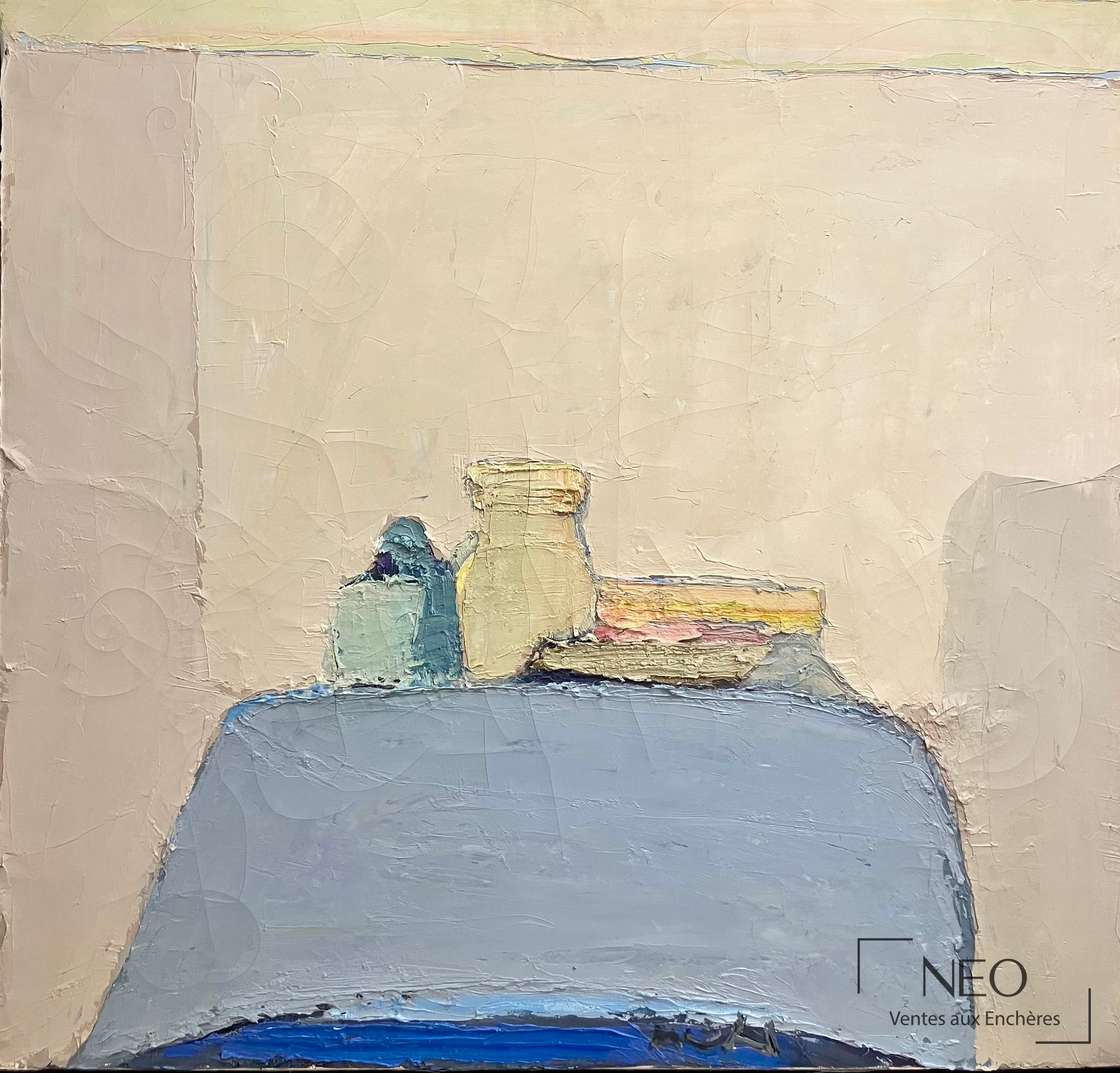 Nature morte peinte avec table bleue