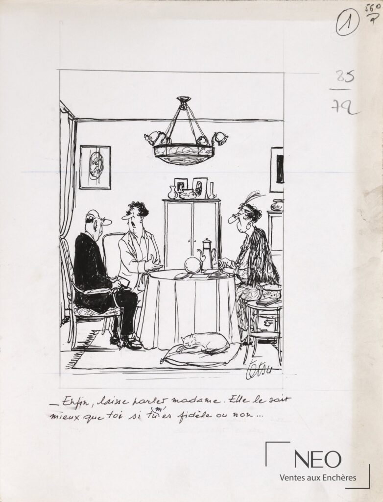 Desssin à l'encre de Roger TETSU représentant trois personnages dans un intérieur