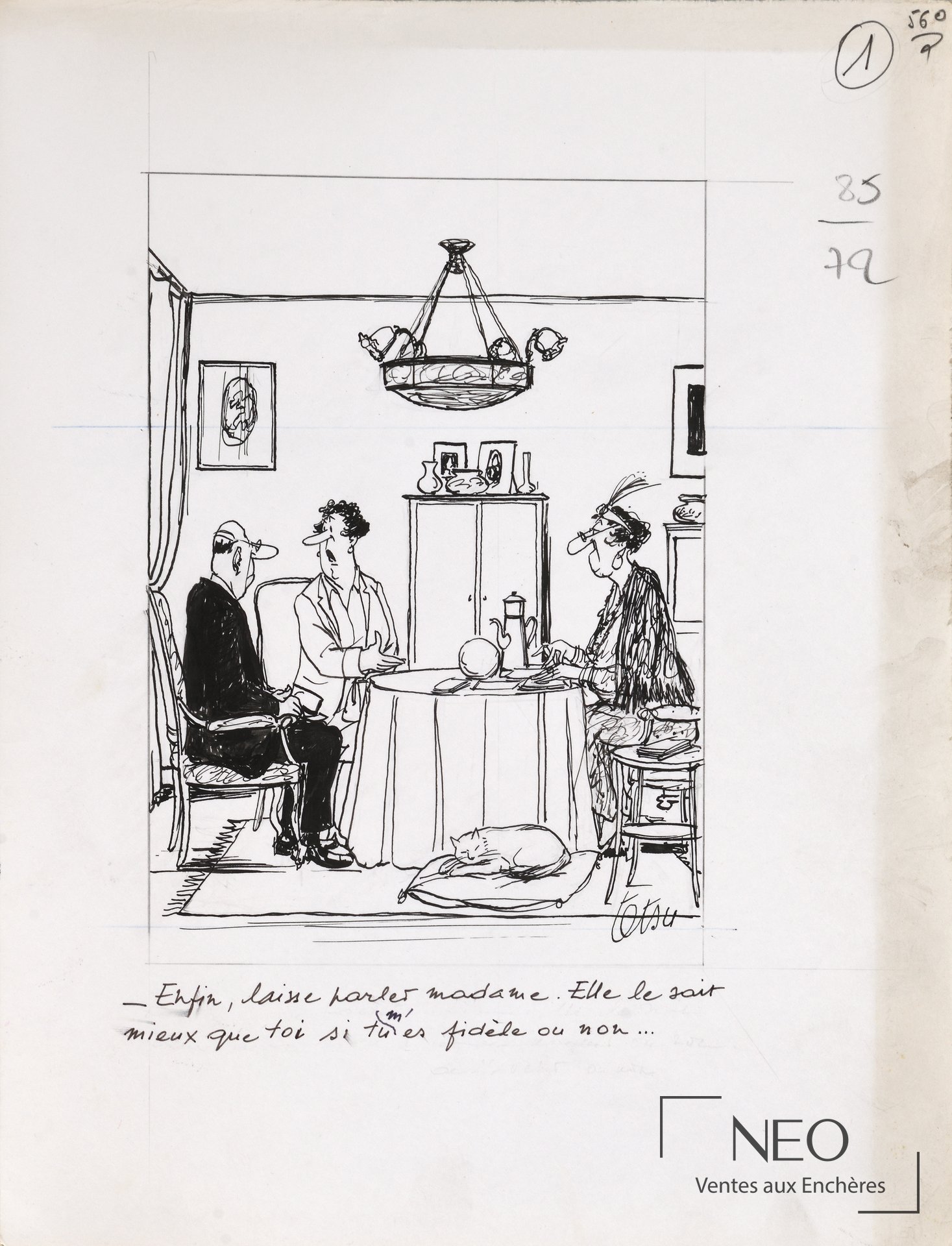 Desssin à l'encre de Roger TETSU représentant trois personnages dans un intérieur