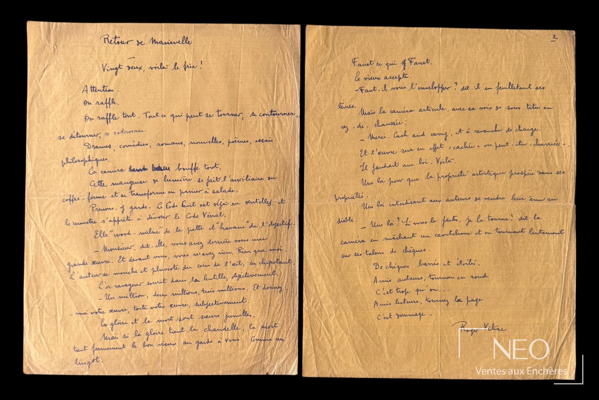Manuscrit autographe de Roger Vitrac sur papier jaune