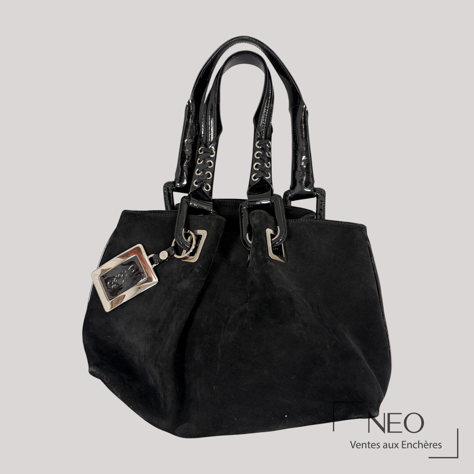 Roger Vivier Paris sac en daim noir, anses en vinyle et bijouteries métal argenté