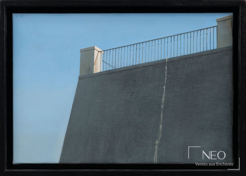 Peinture de Roland Cat montrant une architecture sombre sous un ciel bleu.