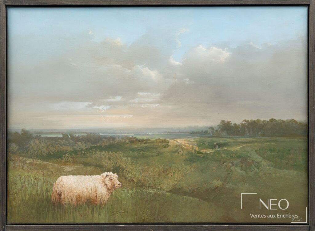 Paysage à l'huile sur toile avec un mouton au premier plan