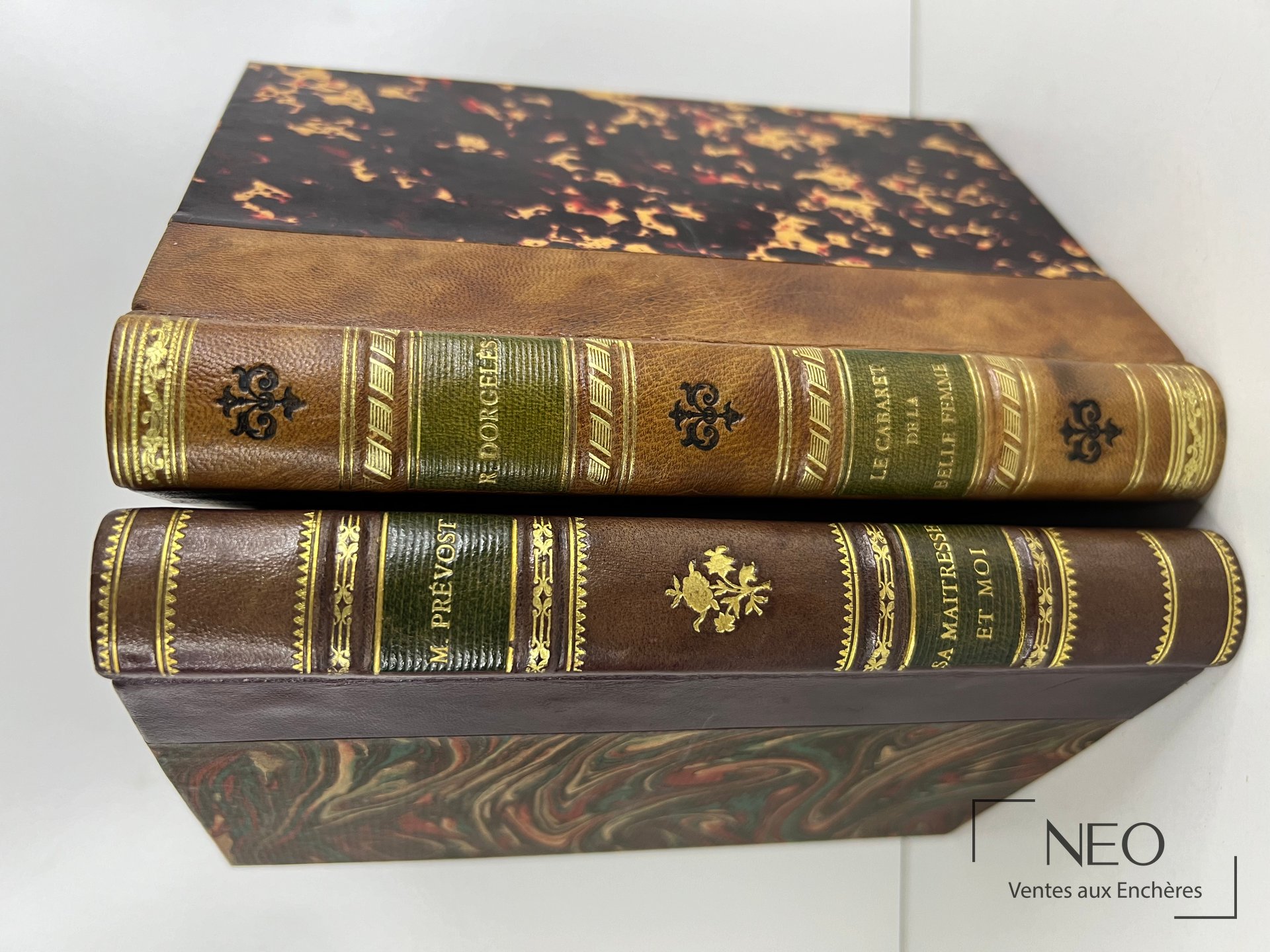 Deux dos de livres reliés en demi basane