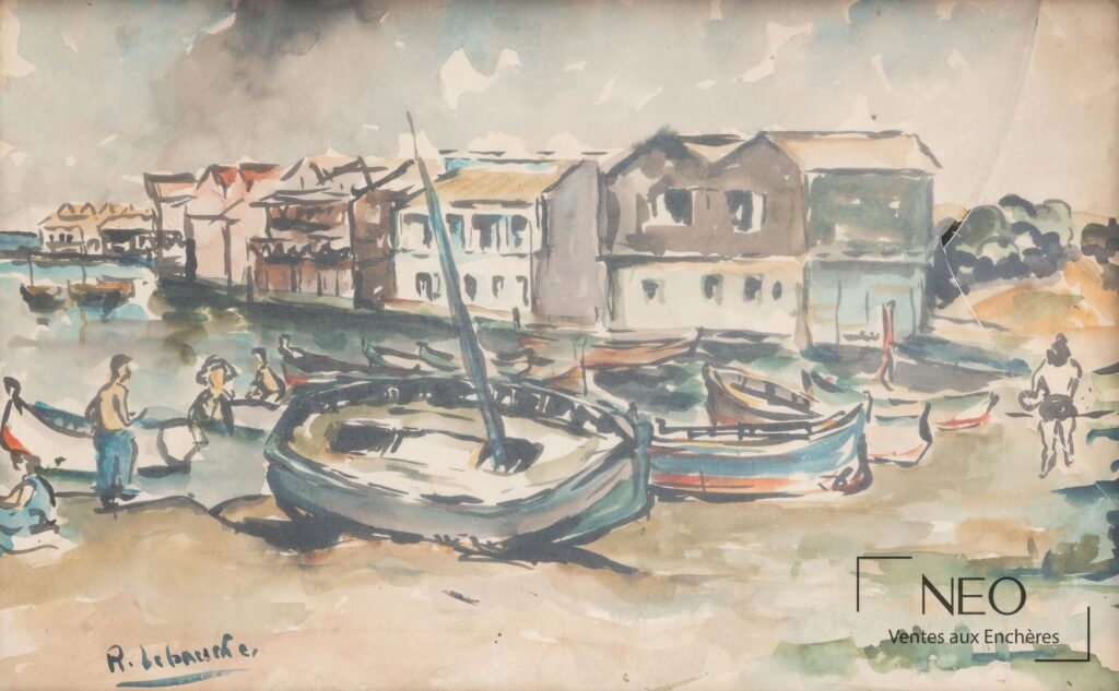 Aquarelle représentant des barques au bord de l'eau avec maisons en arrière-plan