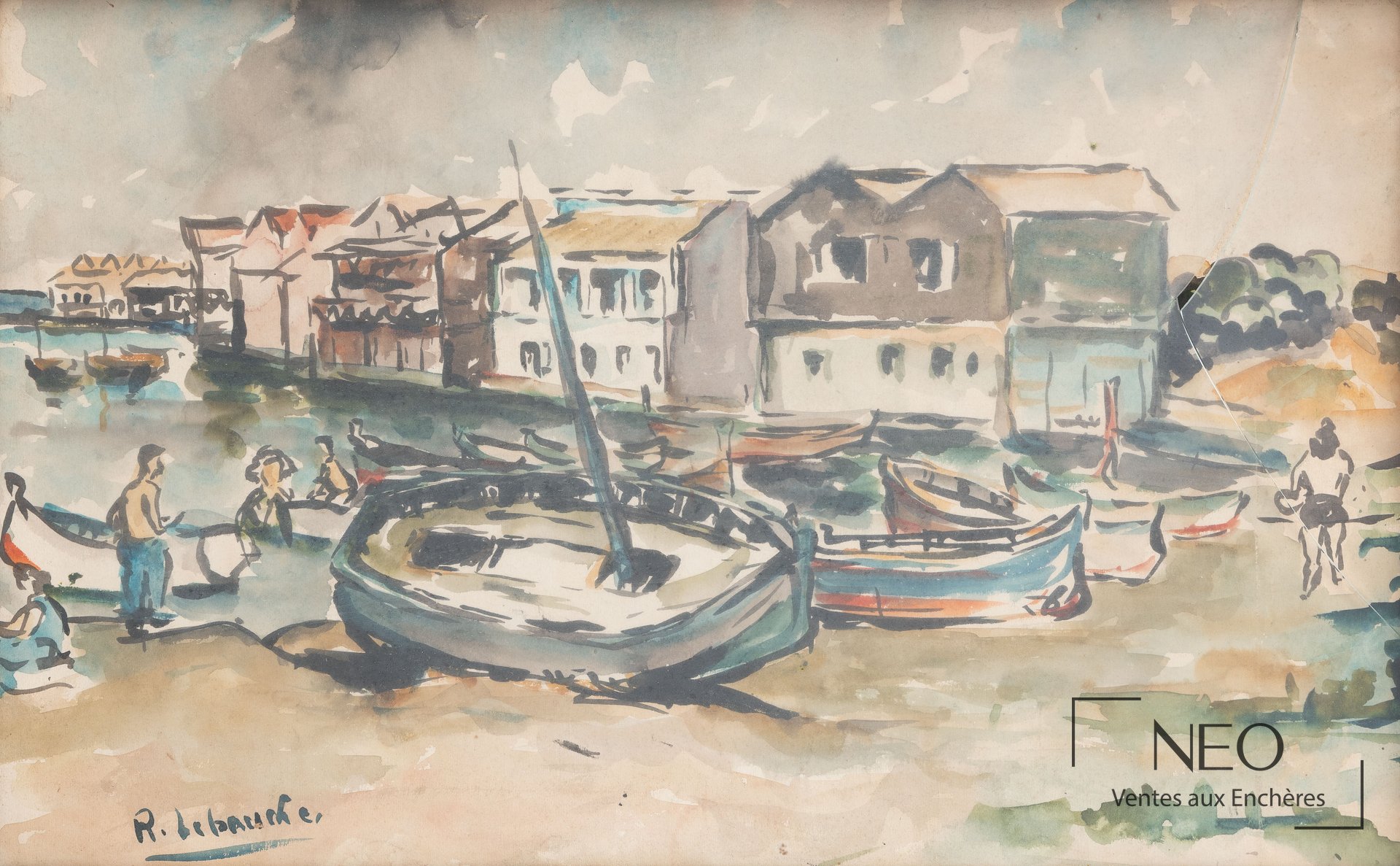 Aquarelle représentant des barques au bord de l'eau avec maisons en arrière-plan