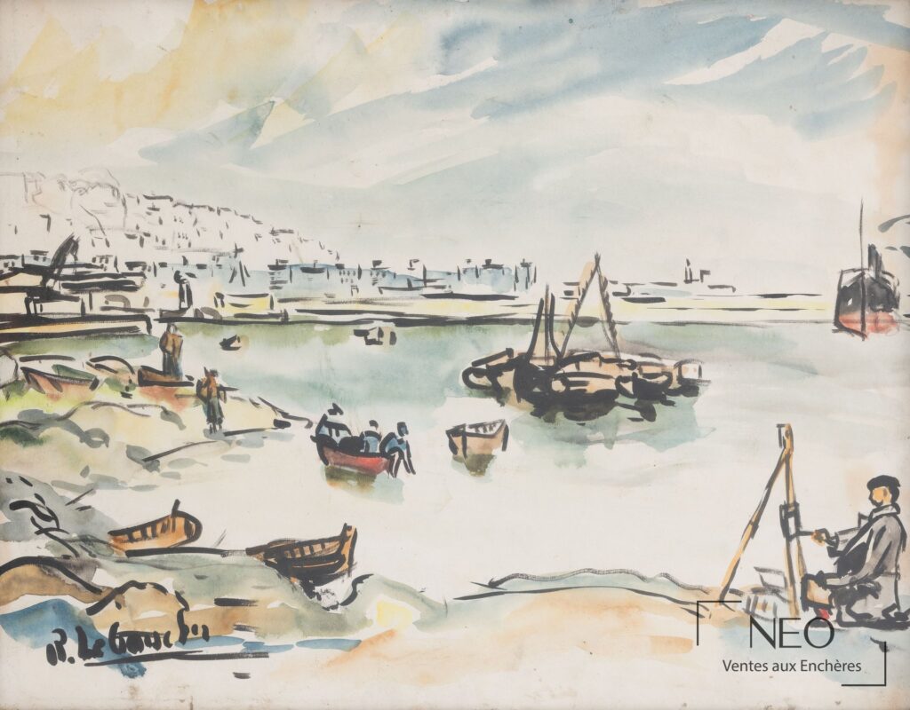 Aquarelle représentant une ville portuaire avec bateaux et quai