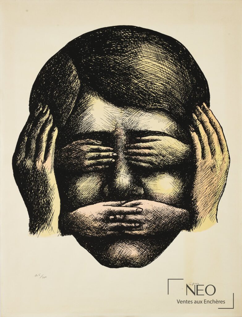 Lithographie en couleurs de Roland Topor représentant un visage stylisé