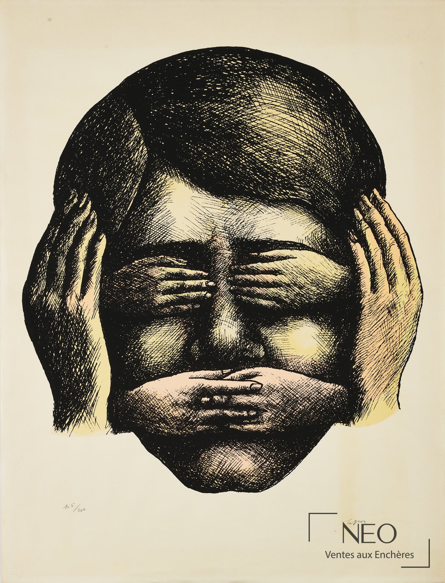 Lithographie en couleurs de Roland Topor montrant un visage stylisé aux mains sur les côtés.