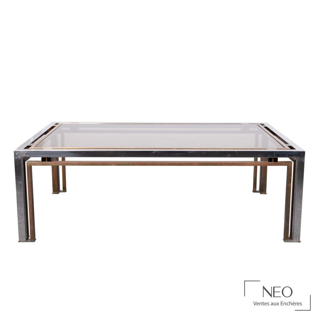 Table basse rectangulaire Romeo Rega en métal chromé et plexiglas fumé