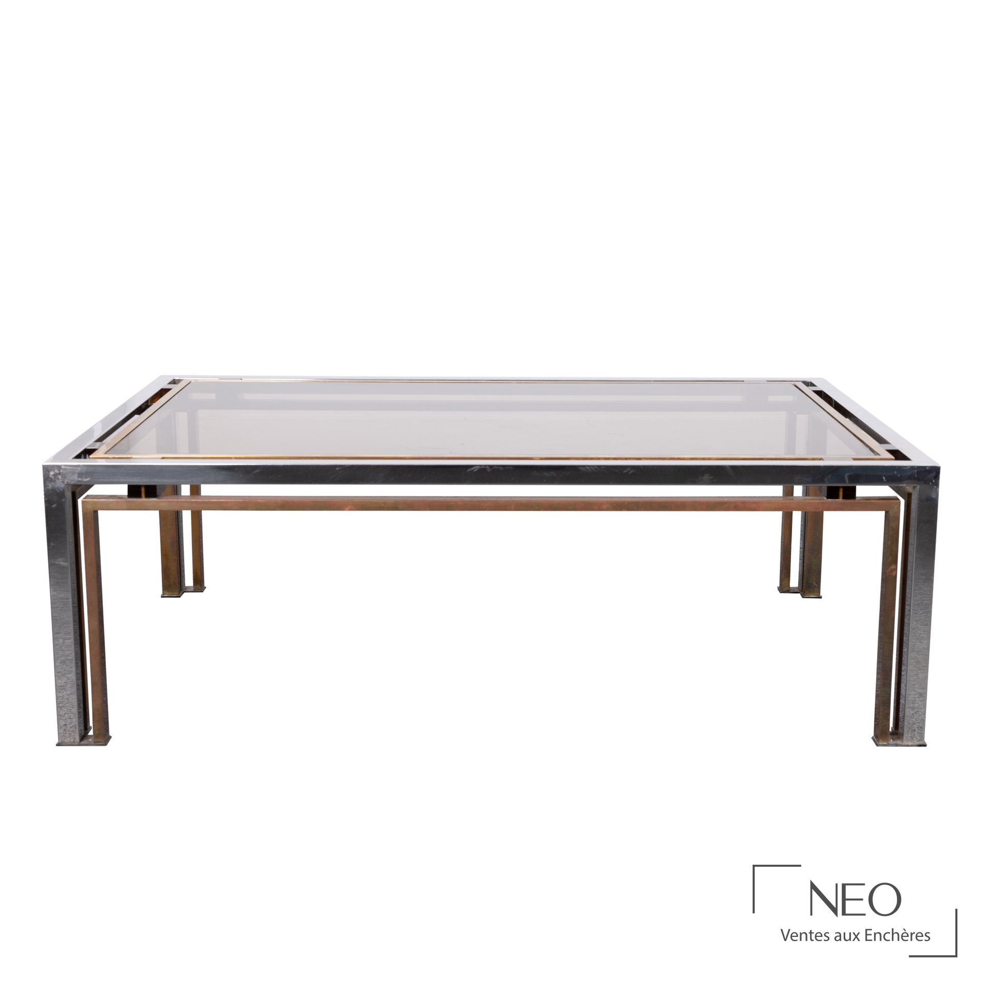 Table basse rectangulaire Romeo Rega en métal chromé et plexiglas fumé