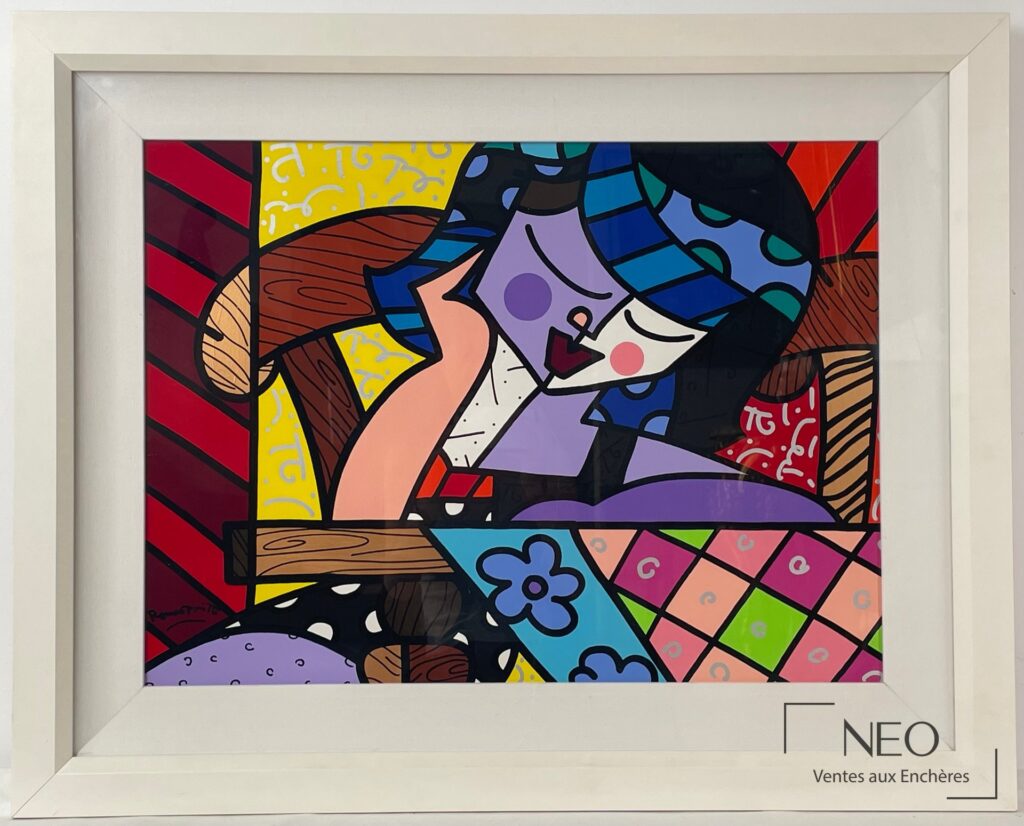 Acrylique colorée de Romero Britto sous verre