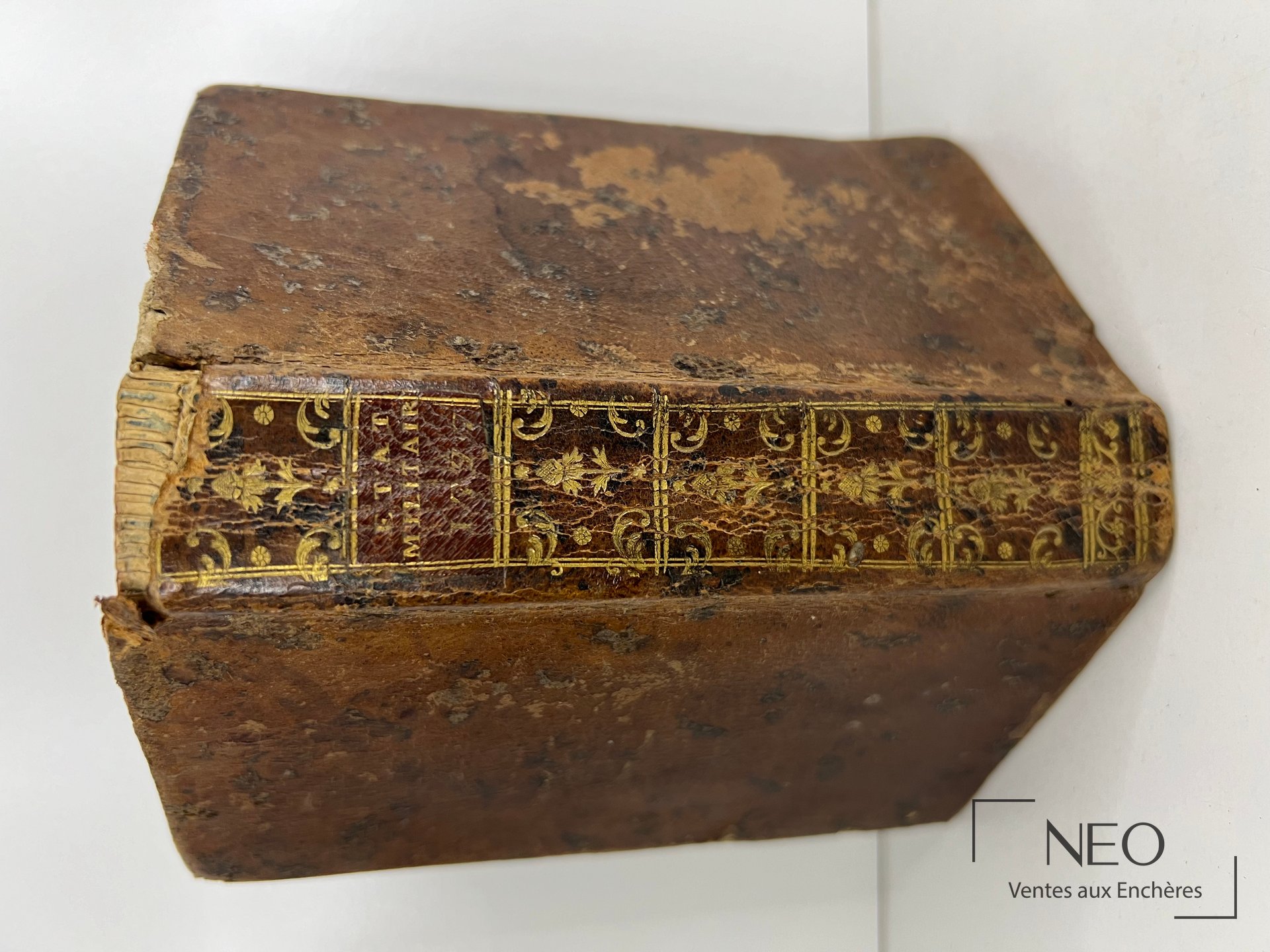 Plat supérieur usé d'un livre relié en basane avec dos orné de filets dorés