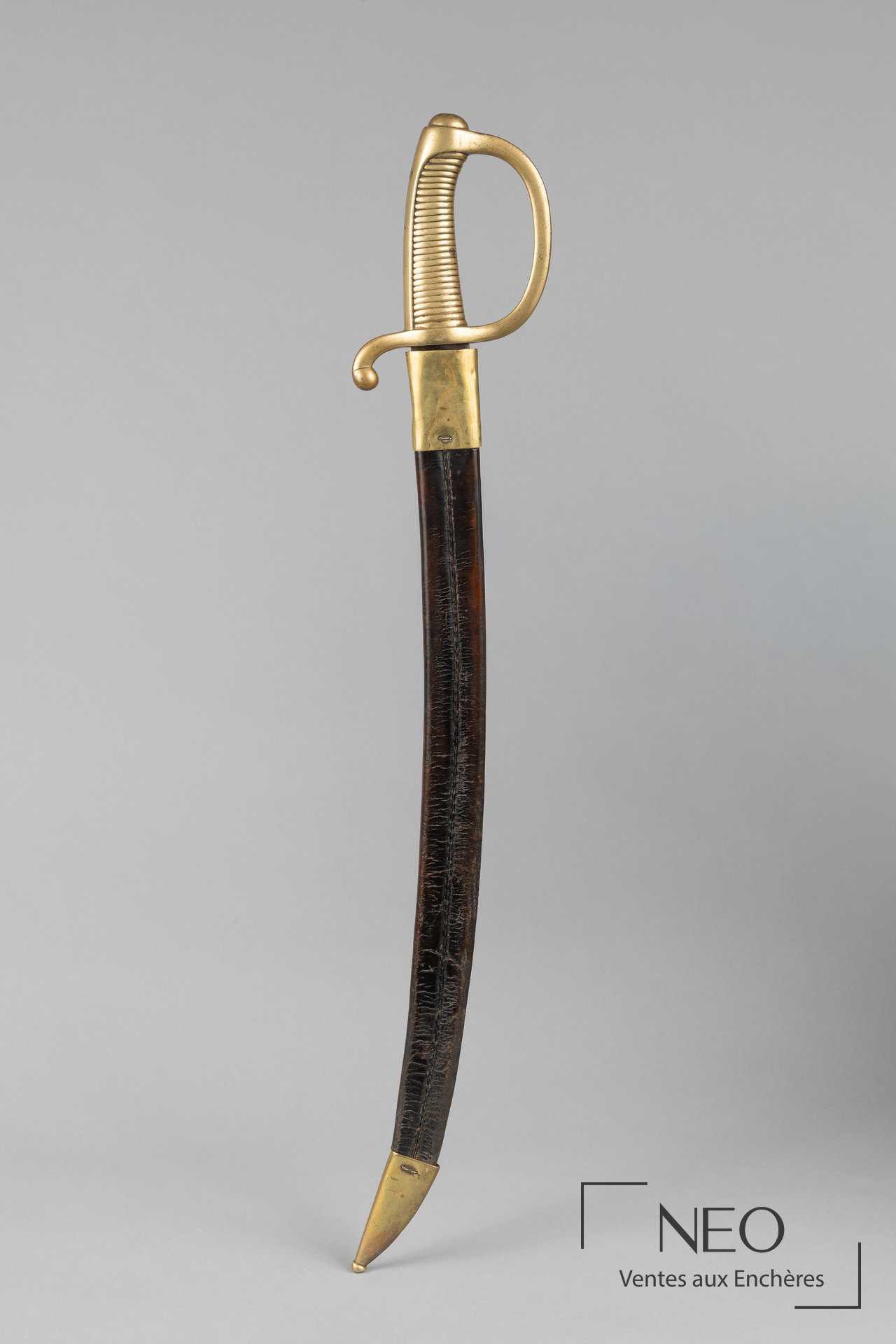 Sabre briquet avec monture en bronze et fourreau en cuir