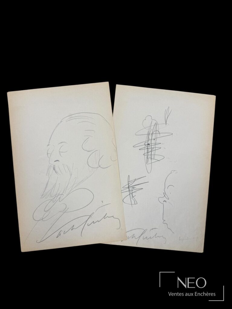 Deux feuilles de dessins au crayon représentant un portrait d'homme et un profil